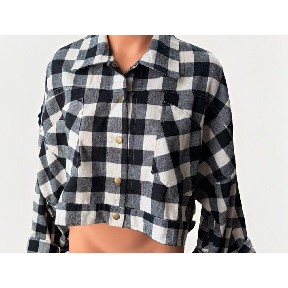 HYFVE Black White Buffalo Plaid Cropped Shacket Shirt Jacket Women’s M